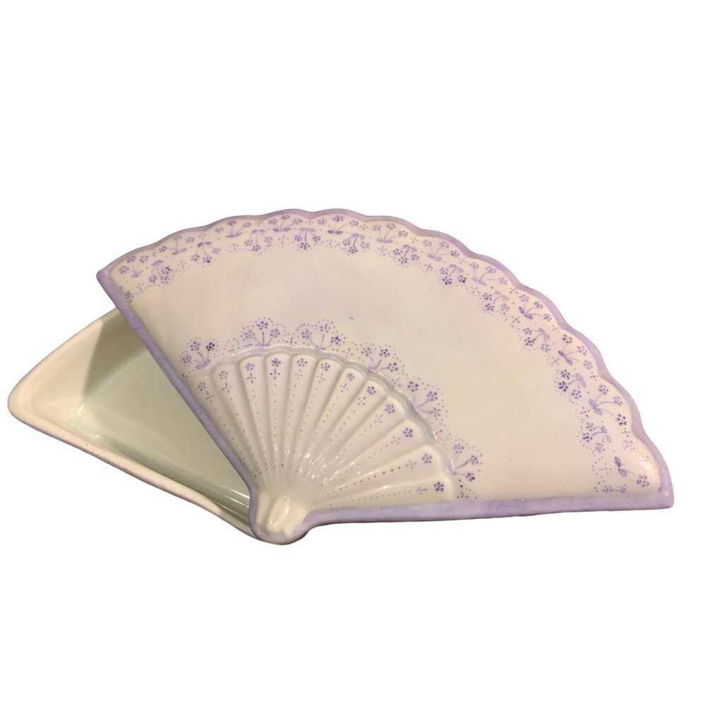 Chinese Hand-painted lavender Florals Ceramic Trinket Jewelry Box Shaped as Fan
